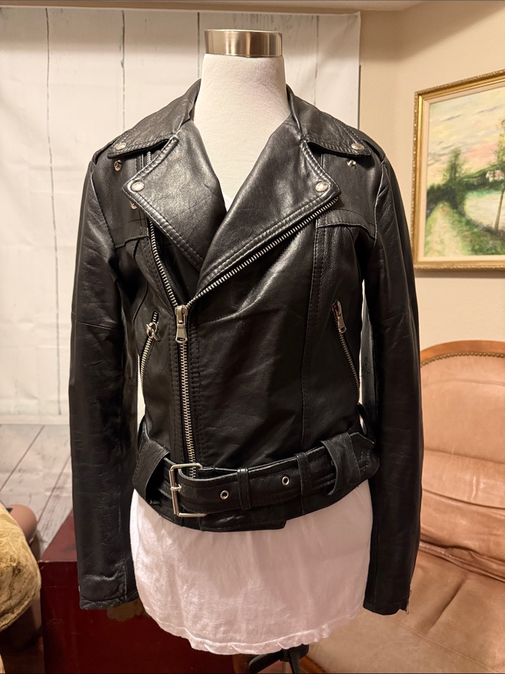 Amarcord Vintage Fashion NYC Genuine Leather Moto Biker Jacket Size 44